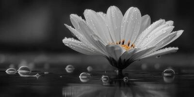 Beautiful white flower with raindrops reflecting in serene water at dawn in a tranquil garden setting photo