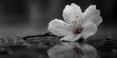 White flower covered in droplets reflects beautifully on a wet surface after a rain shower in a tranquil setting photo