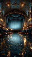 Elegant theater interior decorated for the holidays with candles and a Christmas tree showcasing a serene ambiance outside performance hours photo