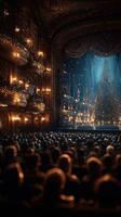 Audience enjoys a holiday performance in a beautifully decorated theater with a large Christmas tree photo