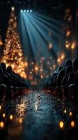 Festive gathering in a dimly lit venue with a beautifully decorated Christmas tree and warm candlelight ambiance photo