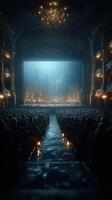Audience awaits a festive show in an elegant theater adorned for the holiday season photo