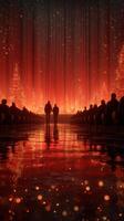 Couple walking towards glowing stage with reflections during a festive evening event in a dimly lit hall photo
