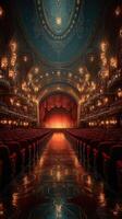 Elegant theater interior with ornate decor and empty red seats awaiting a performance under ambient lighting photo