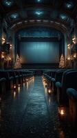 Elegant theater interior with golden accents and festive trees before the show at dusk photo