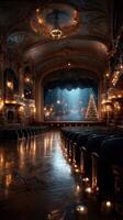 Elegant theater interior with Christmas tree and candlelight creating a warm atmosphere during a festive evening photo