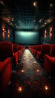 acogedor teatro interior con rojo asientos y un grande pantalla Listo para un película en un moderno cine ajuste foto