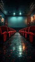 clásico película teatro interior con rojo asientos y vacío pantalla en el noche foto