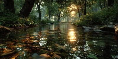 Tranquil stream reflecting golden sunlight through lush forest foliage in early morning photo