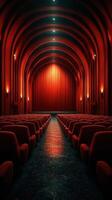 Empty theater with red curtains and plush seating ready for evening performance in a historic venue photo