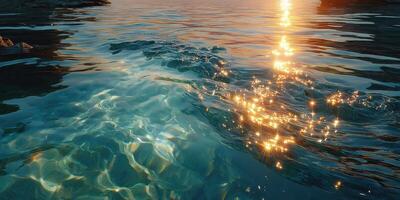 Sunlight sparkles on tranquil water during sunset at a serene coastal location photo