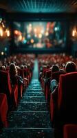 Viewers enjoying a cinematic experience in a vibrant theater during a weekend evening photo