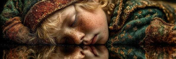 Child resting peacefully with curly hair and freckled face in a serene setting, surrounded by vibrant clothing and reflections in calm water photo