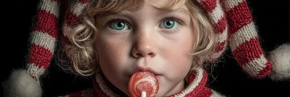 Child with blue eyes enjoying a lollipop, wearing a red and white striped hat in a dark setting during winter festivities photo