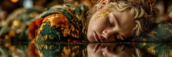 Sleeping figure resting on a reflective surface adorned with rich fabrics and golden accents in a warm, intimate setting photo