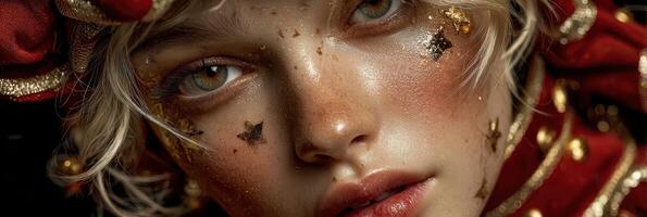 Model showcases intricate makeup design with gold accents and artistic detailing at a fashion event photo
