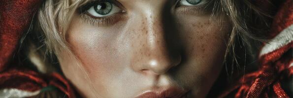 Close-up portrait of a young woman with striking features in dramatic red fabric by natural light photo