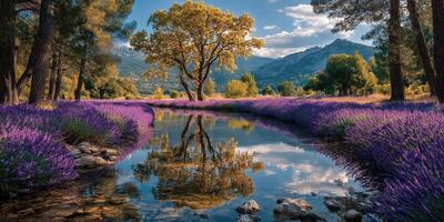 Serene river surrounded by lavender fields and tall trees under a clear sky in the countryside photo