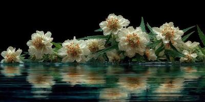 Blossoms floating on calm water creating a serene and peaceful atmosphere in a quiet setting photo