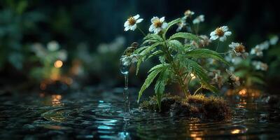 Beautiful flowers with gentle water droplets in tranquil natural setting at dusk photo