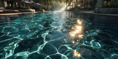 Sparkling water reflections in a serene pool at a tropical resort during a sunny afternoon photo