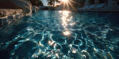 Beautiful evening light reflecting on swimming pool water at a peaceful resort in a tropical location photo