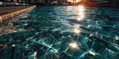 Sunlight shimmering on calm pool water during early evening at a luxurious resort photo