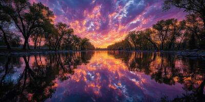 Stunning sunset reflecting on a calm river lined with trees and vibrant clouds in the evening sky photo