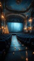 Elegant theater interior with a glowing Christmas tree and candlelit pathway at dusk photo
