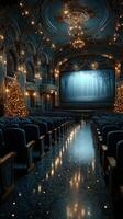 Elegant theater interior with holiday decorations and captivating atmosphere for an enchanting performance in the evening photo