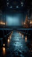 Elegant vintage theater interior with empty seats, glowing candles, and a Christmas tree during a serene evening photo