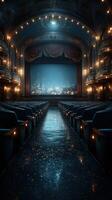 Grand theater interior with elegant seating and bright stage under soft lighting at night photo
