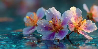 Delicate blossoms float serenely on calm water during a soft morning light in a tranquil setting photo