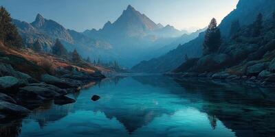 Serene mountain landscape reflecting in clear blue lake during early morning light in a tranquil setting photo