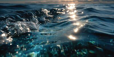 Waves sparkle under the sunlight at the ocean during a calm evening photo