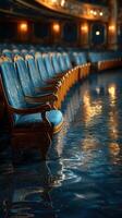 Elegant blue velvet chairs reflecting on a shiny floor in a grand theater during an evening performance photo