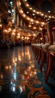 Elegant wooden chairs line the polished floor of a grand ballroom illuminated by warm lights photo