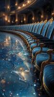 Elegant blue theater chairs reflect shimmering lights on a polished floor in a historic performance hall photo