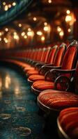 Elegant red chairs align in a historic theater hall with glowing lights at evening photo