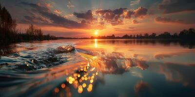 Sunset over tranquil river with reflections and ripples enhancing the serene landscape photo