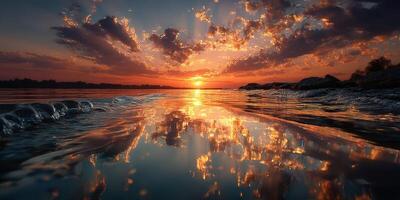 Vibrant sunset over calm water reflects colorful clouds and shimmering light at a tranquil lakeside location photo