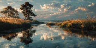 Calm waters reflect clouds and trees at sunset in a serene landscape by the river photo