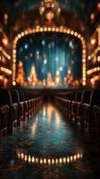 Brightly lit theater stage with elegant decor and empty seats at night photo