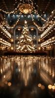 Elegant holiday decorations brighten a grand hall with a stunning Christmas tree and warm lights photo