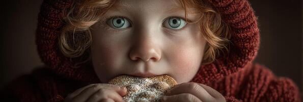 Child enjoys sweet treat while wearing cozy hooded sweater in a warm indoor setting during autumn photo