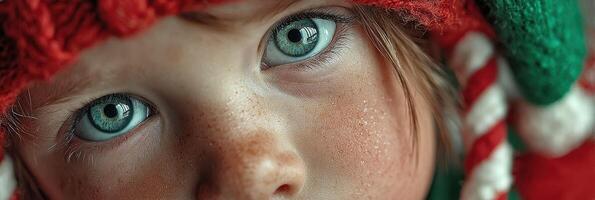 Young child with bright blue eyes wearing a festive hat during winter photo
