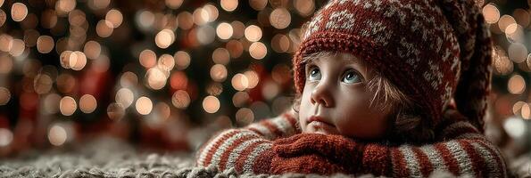Child in winter hat and gloves gazes thoughtfully with festive lights twinkling in the background during holiday season photo