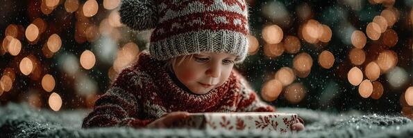 Child in winter sweater examines gift box during holiday season with snowy backdrop and warm lights photo