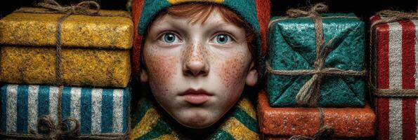 Child surrounded by colorful wrapped presents with a focused expression during a festive celebration photo