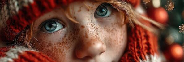 Child with freckles wearing a red and white knitted hat and scarf gazes thoughtfully at the camera surrounded by holiday decorations photo
